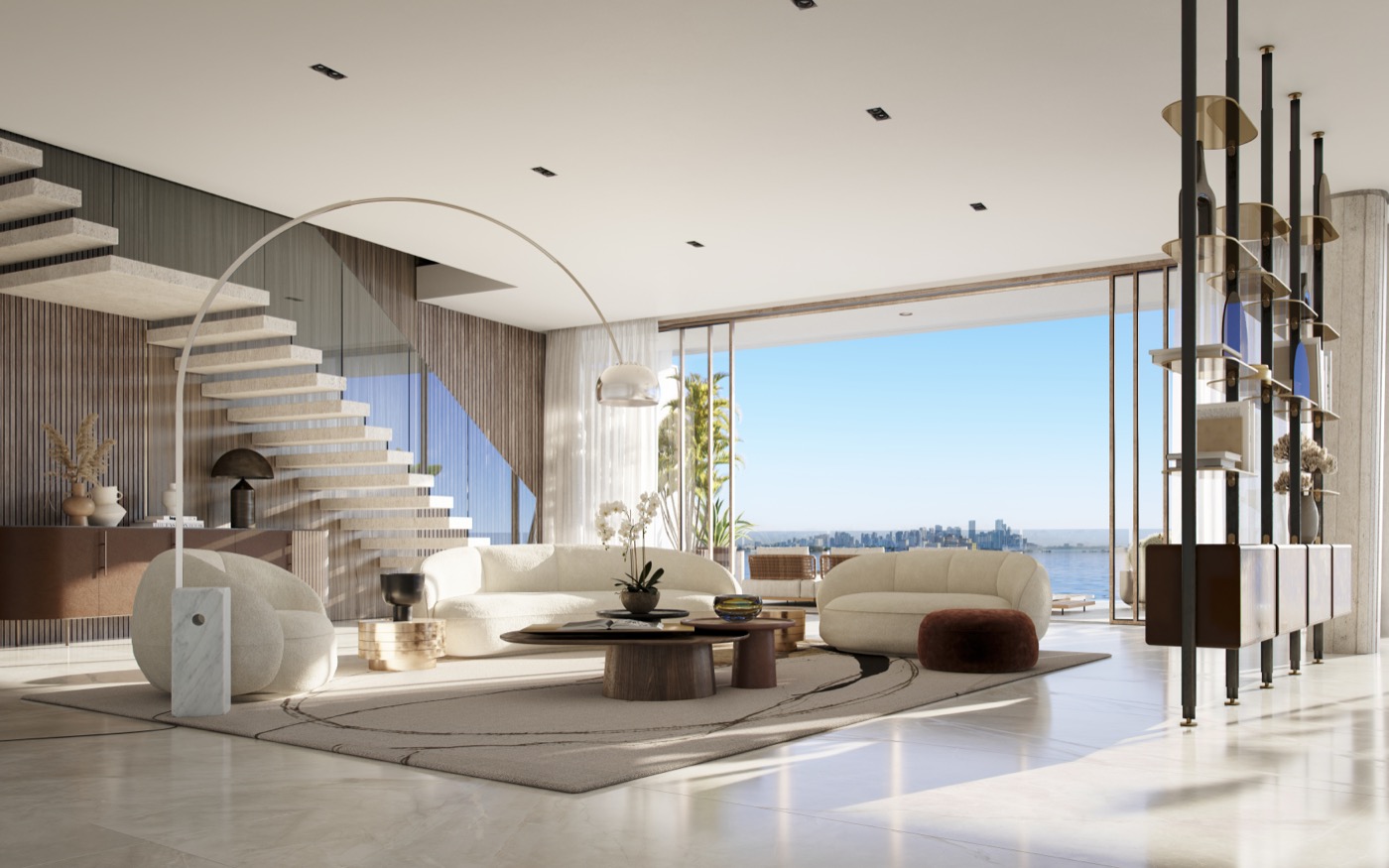 Vita at Grove Isle spacious living room with bay views